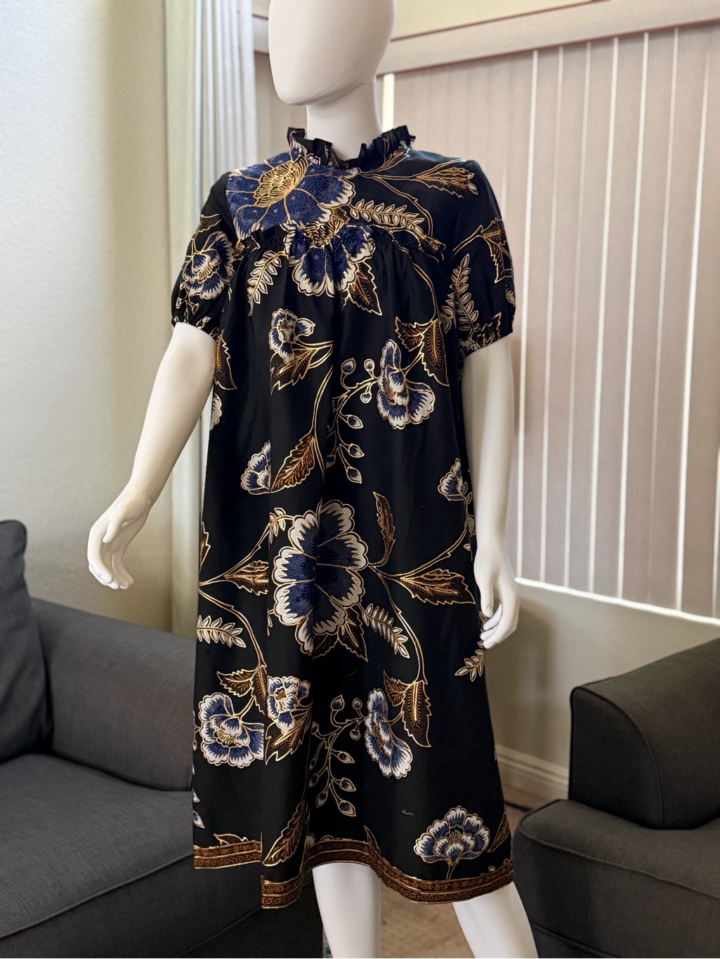 Black Floral Midi Batik Dress With Blue & Gold Accents